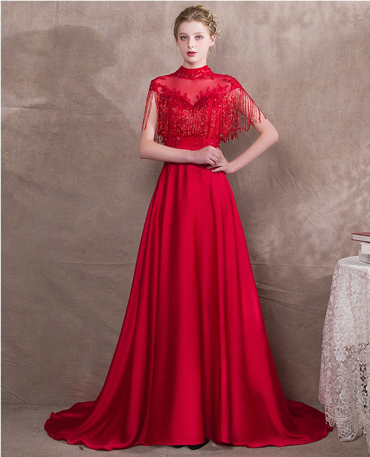 Vintage Red Beaded Evening High Neckline Evening Gowns Red / 10 Vintage Red Beaded Evening High Neckline Evening Gowns Red / 10
