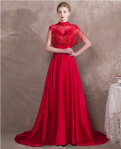 Vintage Red Beaded Evening High Neckline Evening Gowns, Red / 12 Vintage Red Beaded Evening High Neckline Evening Gowns, Red / 12