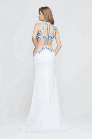 White and Blue Beaded Sleeveless Backless Evening Dress - FashionByTeresa