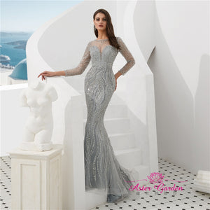Silver Beaded Mermaid Evening Ball Gown - FashionByTeresa