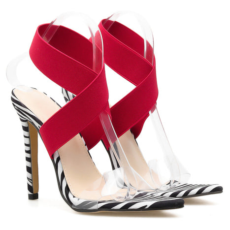 Red Sexy Elastic Strap High Heel Sandals - FashionByTeresa