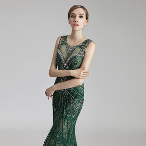 Elegant Vintage Heavy Rhinestone Beaded Tulle Mermaid Evening Dress - FashionByTeresa