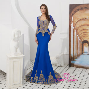 Blue Lace Mermaid Evening Dress with Detachable Train Gown - FashionByTeresa