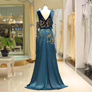 Green V-neck Sexy Evening Belted Ball Gown - FashionByTeresa