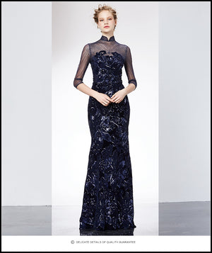 Long Sleeve Jersey Sequined Evening Ball Gown - FashionByTeresa