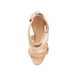 Beige Rhinestone Lace-up Sandals - FashionByTeresa