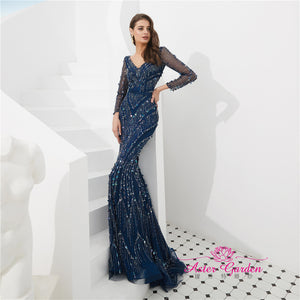 Blue Sliver Long Sleeve Evening Beaded V-neck Gown - FashionByTeresa