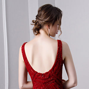 Wine Red Sexy Mermaid Beaded Evening Gown - FashionByTeresa