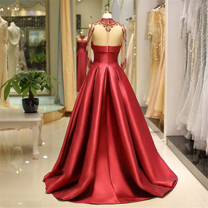Wine Red Prom Lace Satin Evening Ball Gown - FashionByTeresa
