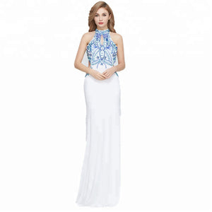 White and Blue Beaded Sleeveless Backless Evening Dress - FashionByTeresa