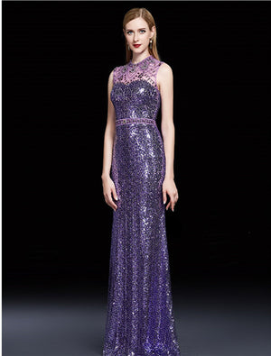 Purple detachable train gown sleeveless sequin beaded evening gown - FashionByTeresa