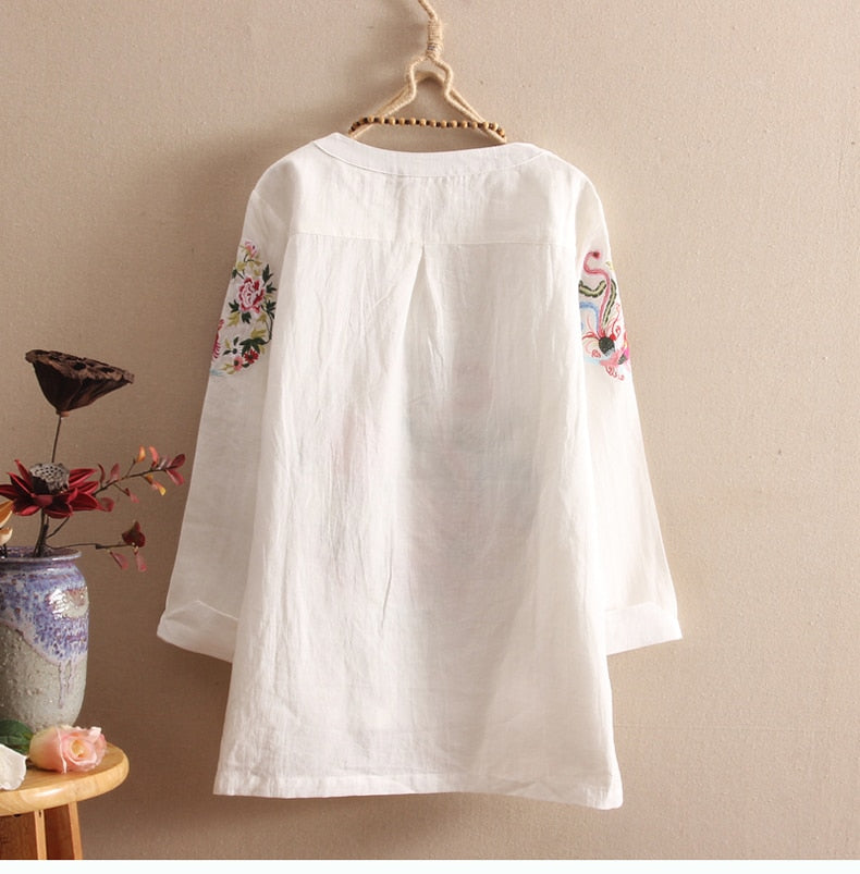 Flower Embroidery Vintage Shirt Cotton Linen Blouse - FashionByTeresa