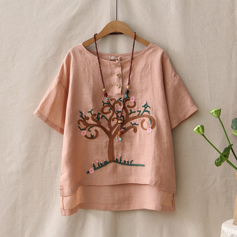 Retro Linen Embroidery Tree Pattern Loose Casual Summer Blouse - FashionByTeresa