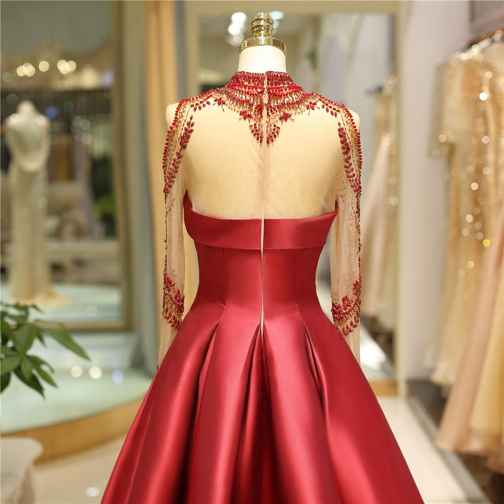 Wine Red Prom Lace Satin Evening Ball Gown - FashionByTeresa