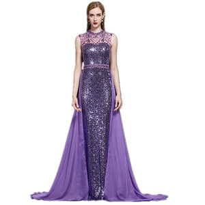 Purple detachable train gown sleeveless sequin beaded evening gown - FashionByTeresa