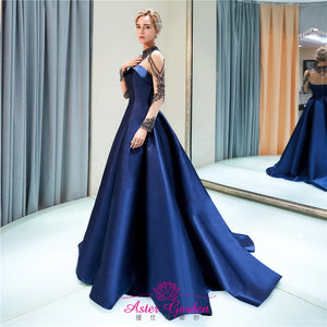Navy Blue Long Sleeves Satin Beaded Evening Ball Gown - FashionByTeresa
