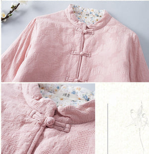 Vintage Buckle Cotton Linen Jacquard Padded Floral Lining Lightweight Jacket - FashionByTeresa