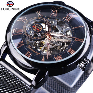 Luxury Transparent Skeleton Mens Mechanical Steel Business Wristwatch - FashionByTeresa