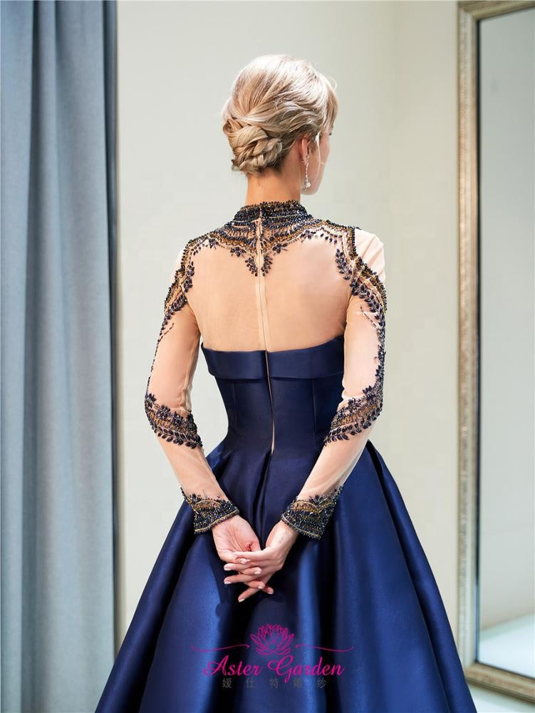 Navy Blue Long Sleeves Satin Beaded Evening Ball Gown FashionByTeresa Navy Blue Long Sleeves Satin Beaded Evening Ball Gown FashionByTeresa