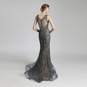 Elegant Vintage Heavy Rhinestone Beaded Tulle Mermaid Evening Dress - FashionByTeresa