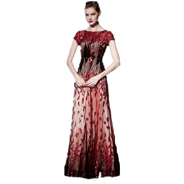Burgundy Vintage Crystal Beaded Lace 3D Floral Sequined Evening Gown - FashionByTeresa