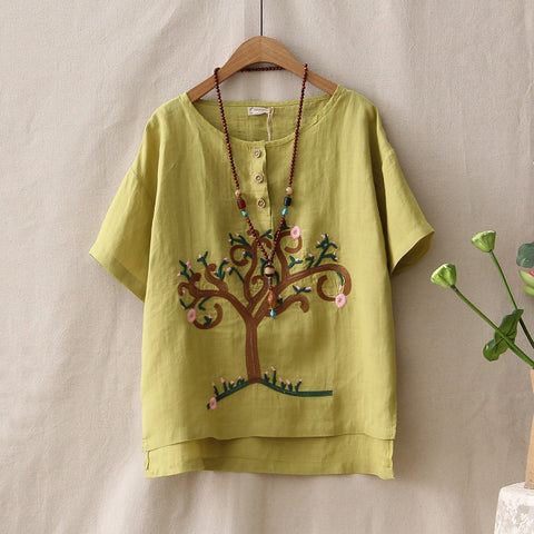 Retro Linen Embroidery Tree Pattern Loose Casual Summer Blouse - FashionByTeresa