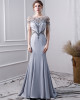 Gray Satin Beaded Sequined Evening Gown - FashionByTeresa