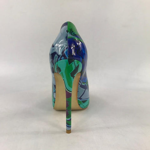 Green Colorful Print Patent Stiletto Pumps - FashionByTeresa
