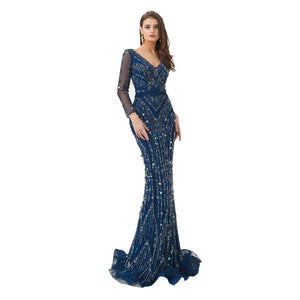 Blue Sliver Long Sleeve Evening Beaded V-neck Gown - FashionByTeresa