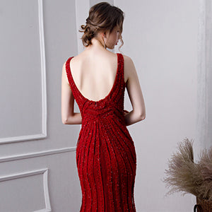 Wine Red Sexy Mermaid Beaded Evening Gown - FashionByTeresa
