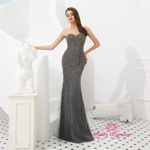Grey Mermaid With Detachable Train Evening Gown - FashionByTeresa