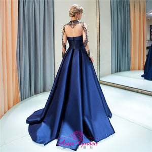 Navy Blue Long Sleeves Satin Beaded Evening Ball Gown - FashionByTeresa