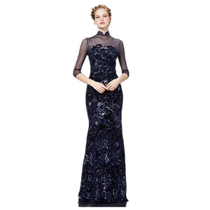 Long Sleeve Jersey Sequined Evening Ball Gown - FashionByTeresa