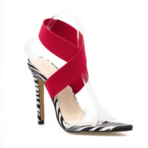 Red Sexy Elastic Strap High Heel Sandals - FashionByTeresa