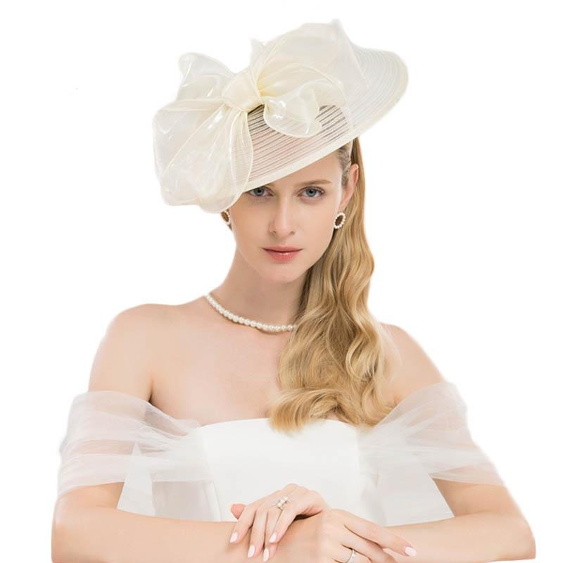 Beige White Elegant Wedding Wide Brim Fedora Kentucky Derby Hats - FashionByTeresa
