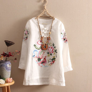 Flower Embroidery Vintage Shirt Cotton Linen Blouse - FashionByTeresa
