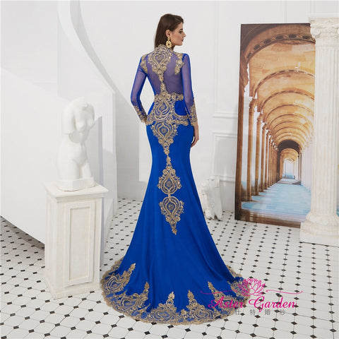 Blue Lace Mermaid Evening Dress with Detachable Train Gown - FashionByTeresa