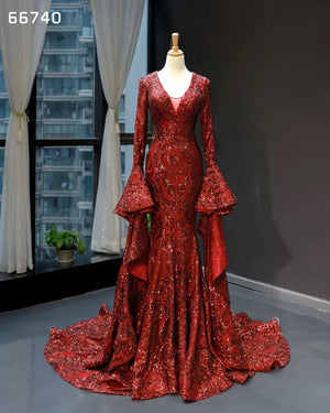 Red V Neck Sexy Long Sweep Train Elegant Evening Dress - FashionByTeresa