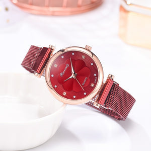 Luxury Magnet Buckle Flower Rhinestone Quartz Wrist Watch Bracelet Set - FashionByTeresa