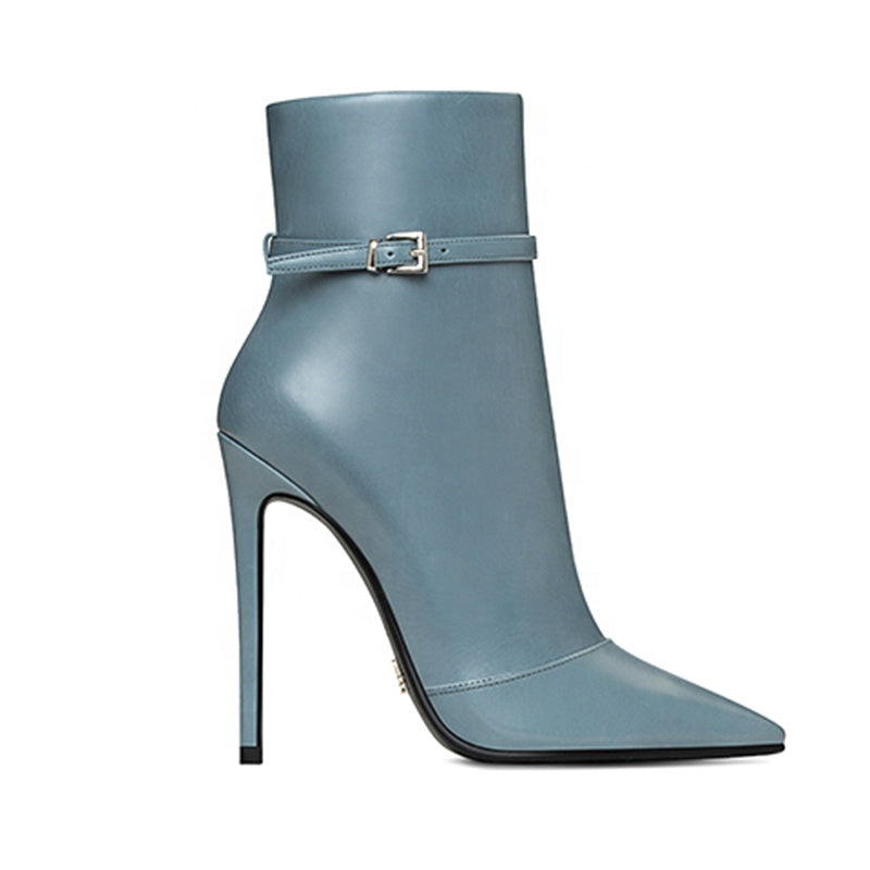 Blue Genuine Leather Ankle Strap Stiletto Ankle Boots - FashionByTeresa