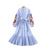 Summer Embroidery Lantern Sleeve Stripe Blue Dress - FashionByTeresa