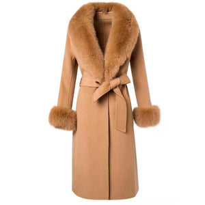Brown Elegant fox collar belted cashmere wool coat - FashionByTeresa