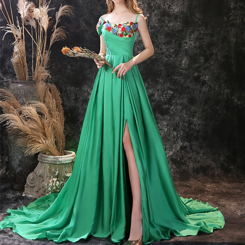 Green Sexy A-Line Satin Long Evening Gown | FashionByTeresa, Green / 12 Green Sexy A-Line Satin Long Evening Gown | FashionByTeresa, Green / 12