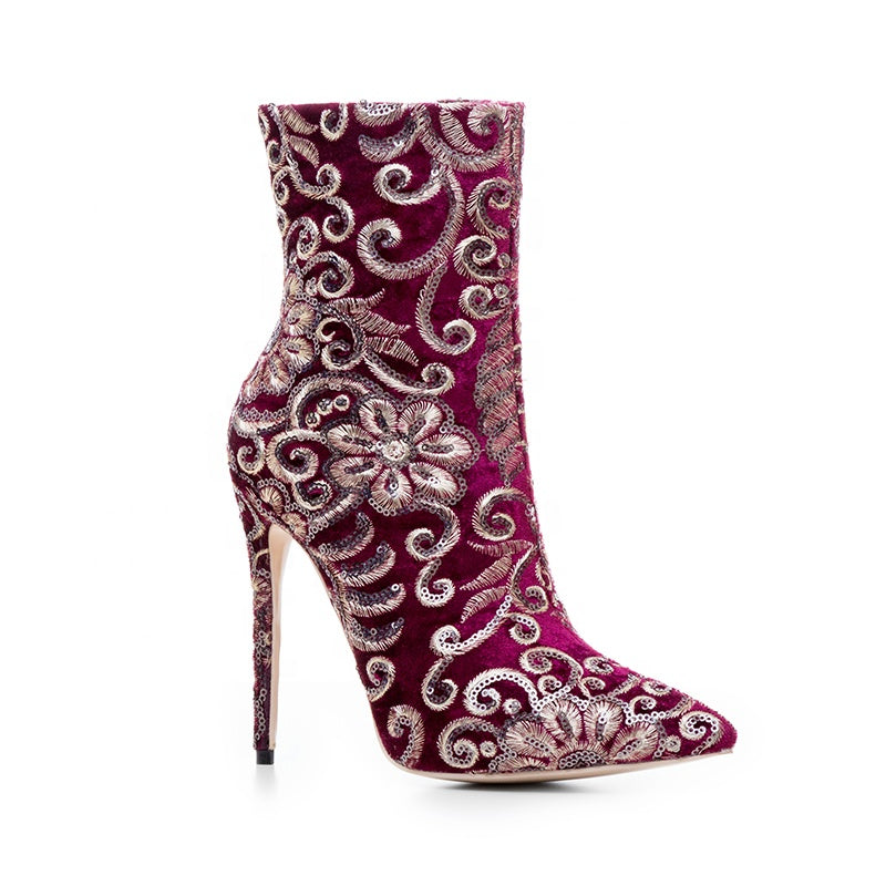 European style denim fabric embroidery high heel ankle booties - FashionByTeresa