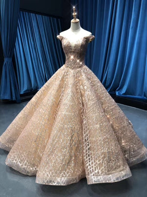Champagne Heavily Beaded Glitter Evening Ball Gown - FashionByTeresa