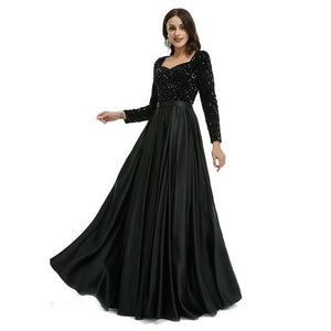 Elegant Sequined Lace Satin Big Swing Long Skirt Banquet Evening Prom Dress - FashionByTeresa