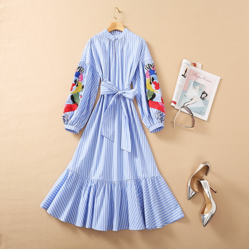 Summer Embroidery Lantern Sleeve Stripe Blue Dress - FashionByTeresa