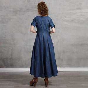 Embroidery Denim Dress V-Neck Short Sleeve Button Maxi Dress - FashionByTeresa