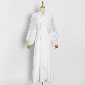 Elegant Lantern Sleeve High Waist Lace Trim Maxi Dress - FashionByTeresa