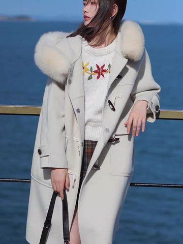 Loose Size Cashmere Coat Winter Hooded Long Wool Faux Fur Collar - FashionByTeresa